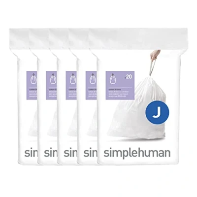 Image of simplehuman Code J 100 Liners, 50% Recycled Custom Fit Bin Bags in Dispenser Packs with Durable Drawstring Tie Handle, 30 45L, White