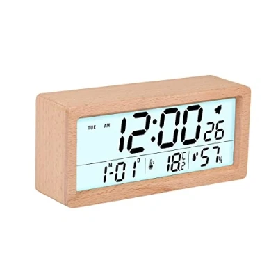 Image of GINZER Wooden Digital Alarm Clock, Wood Bedside Clock with 6&quot; Large Display, Desk Snooze, Calendar, Backlight, Temperature Humidity, for Bedroom Office, Battery Operated