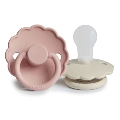 Image of FRIGG Daisy Silicone Pacifier Pack of 2 Soother Dummy BPA Free Made in Denmark Symmetrical Cherry Shaped Nipple (Blush/Cream, Size 1 (0 6 Months))