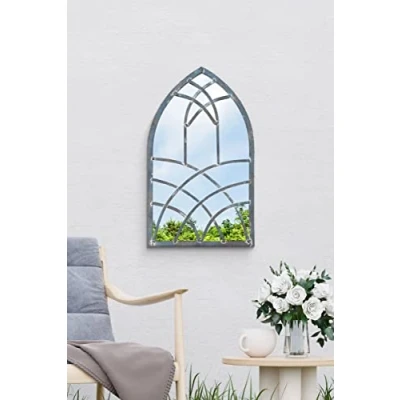 Image of MirrorOutlet Large Metal Rustic Arched Shaped Window Garden Outdoor Mirror 40cm X 24cm, Silver, GM081