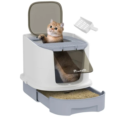 Image of PawHut Cat Litter Box with Lid, Hooded Tray Scoop, Deodorization Bags, Top Entry, Toilet Easy Clean Drawer Pan, Grey