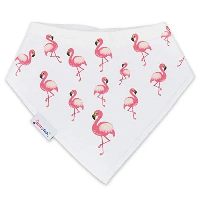 Image of Dotty Fish Baby Bandana Bibs. Drool Super Absorbent Teething Bib. Pink Flamingos on White. Organic Cotton
