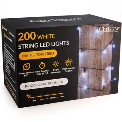 Image of CHRISTOW Christmas Fairy Lights, White LED String Lighting with Timer, Indoor &amp; Outdoor, Tree Mains Operated, 8 Light Modes Flashing Static, Green Cable (200 / 20m Lit Length)