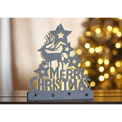 Image of Marco Paul Christmas Decorations Wooden Light Up Sign with Merry &amp; Reindeer Battery Operated Warm White LED Lights Ornaments for Indoor Home Decor Ornament Decoration