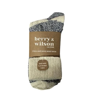 Image of BERRY &amp; WILSON LADIES WOOL BOOT / WALKING SOCKS UK 4 7 EU 37 41 *2 PAIRS*, Mid Blue Cream,One Size