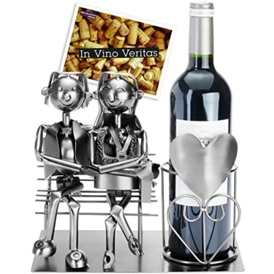 Image of BRUBAKER Bottle Holder Lovers on Bench Wine Silver Rack Metal Figure Love Sculpture Gift for Married Couples with Card