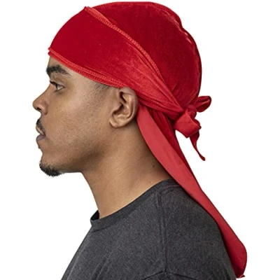 Image of Veeta Superior Velvet Durag Soft Durags for Men &amp; Women, Long Double Wide Straps, Silky Liner, Triple Stitched, Fire Red, One Size