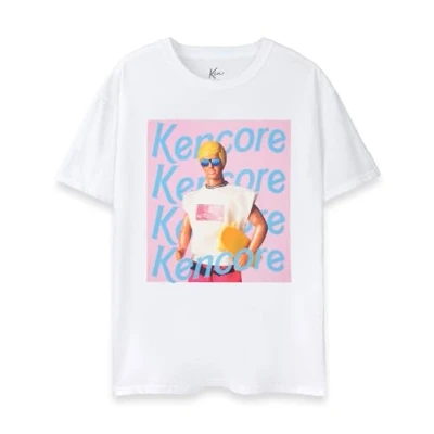 Image of Barbie Ken Mens T Shirt Adults Kencore Short Sleeve Graphic Tee in White Surfer Skater Beach Club Doll Toy Movie Apparel Top Novelty Fashion Crewneck Merchandise Gift