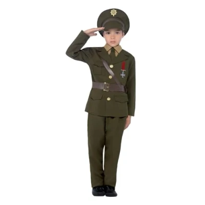Image of Smiffys Army Officer Costume, Green with Jacket, Belt, Trousers, Hat, Mock Shirt &amp; Tie, Boys Fancy Dress, 1940s Dress Up Costumes