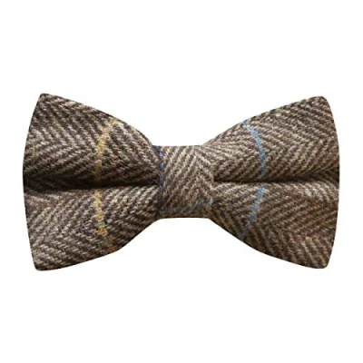 Image of King &amp; Priory Luxury Walnut Brown Herringbone Check Bow Tie, Tweed