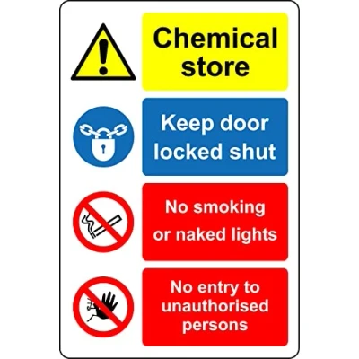 Image of Chemical store keep door locked shut No entry to unauthorised persons Safety sign Self adhesive sticker (300mm x 200mm)