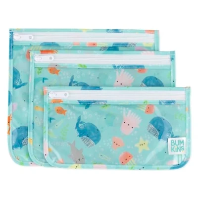 Image of Bumkins TSA Approved Toiletry Bag, Travel Quart Zip Pouch, Clear Sided, PVC Free, Vinyl Set of 3 Ocean Life