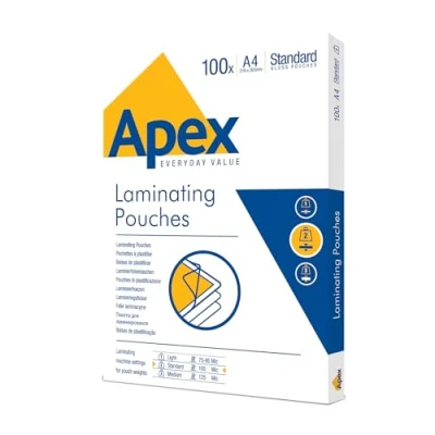 Image of Fellowes Apex A4 Laminating Pouches, Glossy Finish, 100 Sheets Standard Ideal for Notices, Photos, Creatives, Certificates and Everyday Use