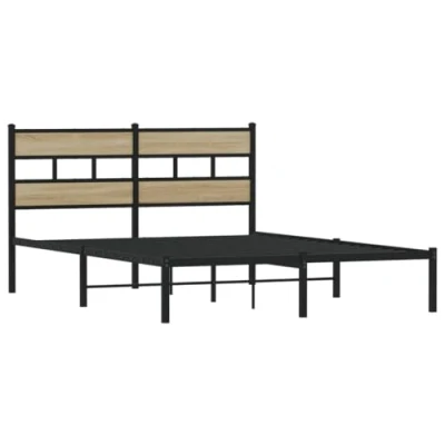 Image of vidaXL Metal Bed Frame without Mattress Double Bed, Sonoma Oak and Black, 140x200 cm, Industrial Style with Headboard Extra Storage Space