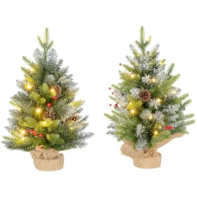 Image of HOMCOM 2 Pieces 2ft Prelit Artificial Christmas Tree with LED Light and 141 Tips, Concrete Base, Tabletop Xmas Pine Cones Red Berries, Green
