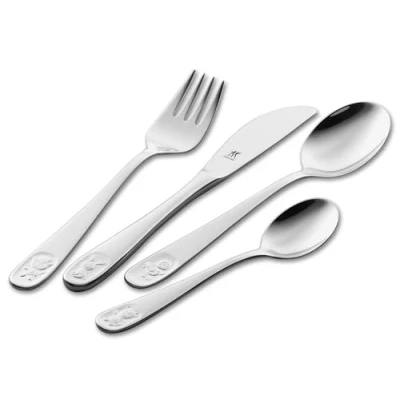 Image of Zwilling Bino Children&#039;s Cutlery Set, 4 Pieces, with Embossed Animal Motifs, for Children from 3 Years, 18/10 Stainless Steel [Plastic Free Packaging]