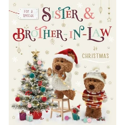 Image of Sister &amp; Brother in Law Christmas Card Special Finishes and Illustrated Insert Leaf Cute Festive Design Teddy Bears Tree Made the UK Eco Friendly