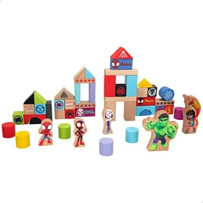 Image of WOOMAX 48755 Spidey and His Superteam, Wooden Building Blocks for Kids, Castle Walls Set, Colorful to Play