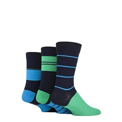 Image of 3 Pair Azurite Comfort Cuff Gentle Bamboo Striped and Plain Socks with Smooth Toe Seams Men&#039;s 7 11 Mens SOCKSHOP
