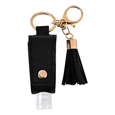 Image of Travel Bottles Keychain Holder 30ML Empty Squeeze Hand Sanitizer Carrier Leather Refillable Container with Tassel Black