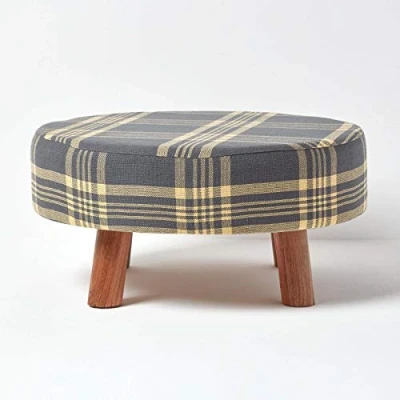 Image of HOMESCAPES Circular Grey Yellow Tartan Footstool 62 x 30 cm