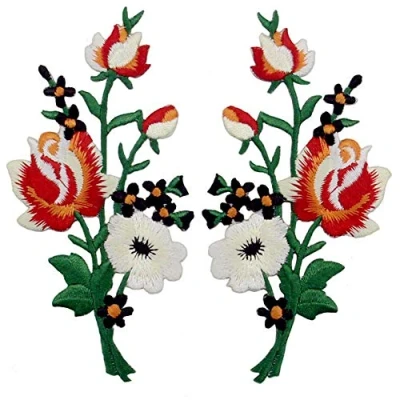 Image of Flowers Bouquet Boho Patch Embroidered Floral Applique Iron On Sew Rose Emblem, Set of 2 Pcs, Red White