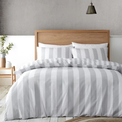 Image of Catherine Lansfield Cove Stripe Reversible King Duvet Cover Set with Pillowcases Silver Grey