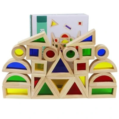 Image of GUIJZSLTRG 24Pcs Wooden Sensory Blocks Set Imagination Development Construction Building Toy Parent Children Interactive Colorful Stacker Stacking Game Montessori Toys for Kids Toddlers Ages 3+