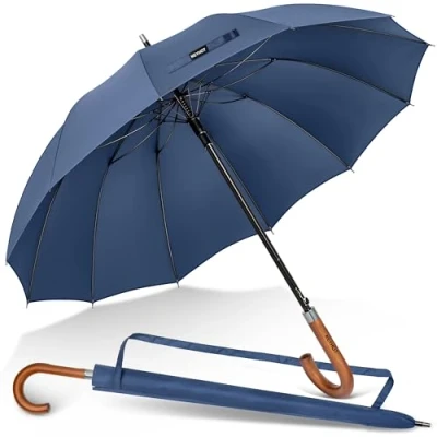 Image of KEYHOT Umbrella Large 55 Inch Stick Umbrellas with Wood Handle Automatic Open 12 Ribs Strong Windproof J Hook for Adult Men Women (Navy blue)
