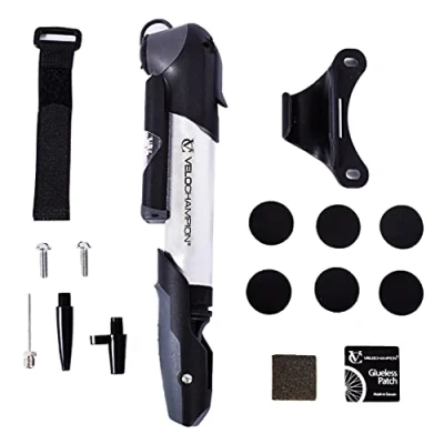 Image of VeloChampion Mini Bike Pump with Pressure Gauge 120 PSI. Alloy 9 inch / 22 cm Portable Bicycle for Presta Schrader Dunlop. Cycling Frame Mount, Ball Needle