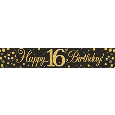 Image of 9ft Banner Sparkling Fizz 16th Birthday Black &amp; Gold Holographic