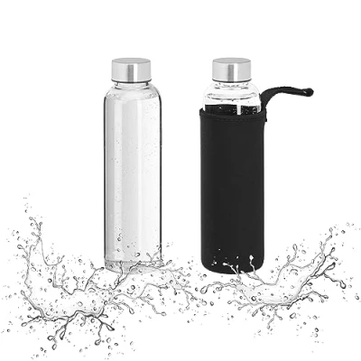 Image of Relaxdays Glass Bottle, 2X Set, 500ml Volume Capacity, with Protective Cover Neoprene, HxD 23.5x6.5cm, Transparent/Black, 23.5 x 6.5 cm