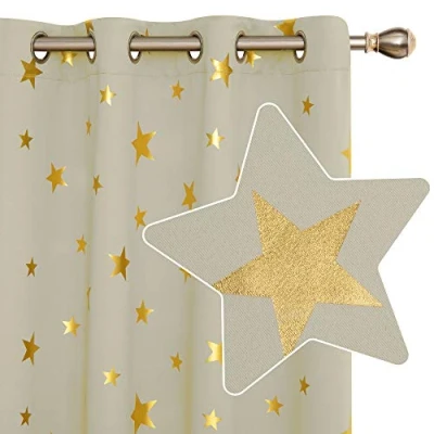 Image of Deconovo Eyelet Curtains, Thermal Insulated Noise Reducing Gold Star foil Printed, Blackout Curtains for Kids Bedroom, 46 x 72 Inch(Width Length), Beige, 2 Panels