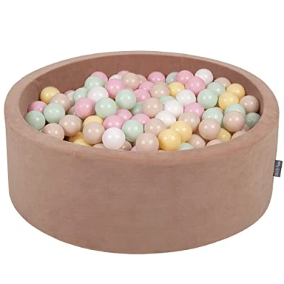 Image of KiddyMoon Soft Ball Pit Round 90X30cm/300 Balls ∅ 7Cm / 2.75In For Kids, Foam Velvet Pool Baby Playballs, Made In EU, Desert Pink:Pastel Beige/Pastel Yellow/White/Mint/Powder Pink