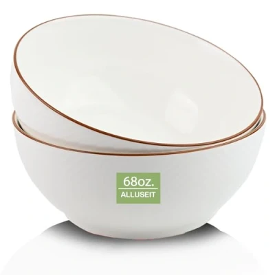 Image of ALLUSEIT 8&quot; Serving Bowls &amp; Mixing Bowl, 68oz White Grid Pattern Ceramic Large Bowl Set of 2 for Salad, Soup, Pho, Pasta, Prep, Kitchen, Party etc. Microwave Dishwasher Safe