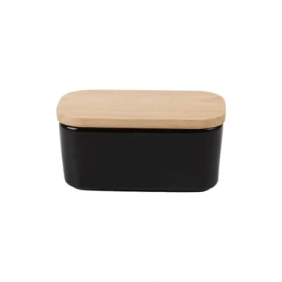 Image of Porcelain Butter Dish Wooden Lid with Silicone Sealing Lip, Multi Function for 250 g Butter, 16.5 x 9.5 7 cm (Black)