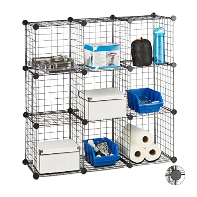 Image of Relaxdays Modular Grid Shelf, 9 Compartments, DIY Shelving System, Metal, Open Cube Rack, 30 x cm, Black
