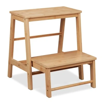 Image of Relaxdays Stool, Foldable, 2 Steps, up to 100 kg, Children, Household, HxWxD 48 x 45 51 cm, Bamboo, Natural