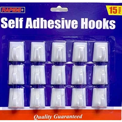 Image of Orbitron Self Adhesive Hooks White Plastic Strong Sticky Stick on Wall Door Hang 15 Pcs