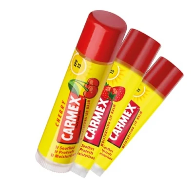 Image of Carmex Lip Balm Set SPF 15 Cherry, Strawberry, Classic Sticks 3 Pack