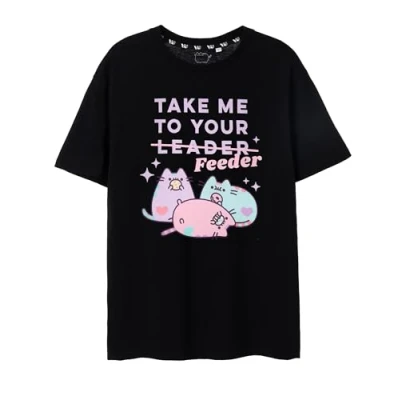 Image of Pusheen Womens T Shirt Ladies Black Take Me To Your Feeder Graphic Tee Oversized Cute Kitty Short Sleeve Tshirt Lightweight Internet Cat Apparel Top Stylish Daywear Merchandise Gift for Adults
