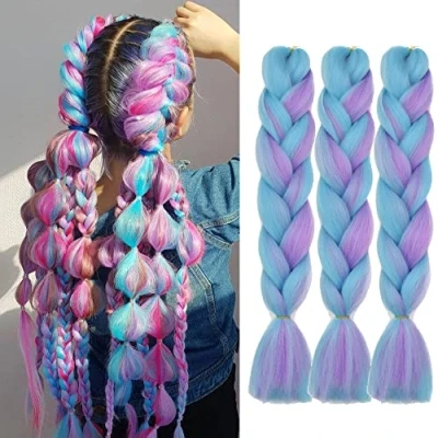 Image of FANWYFYU Ombre Braiding Hair, 3 Packs Jumbo Hair 24 inch Professional Extension For Women Crochet Twist Braids Synthetic Hairlight （purple light blue）