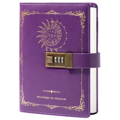Image of Constellation Leather Journal with Lock, Zodiac Moon Sun Diary for Writing, B6 Notebook Lined Paper Women &amp; Men (Purple)