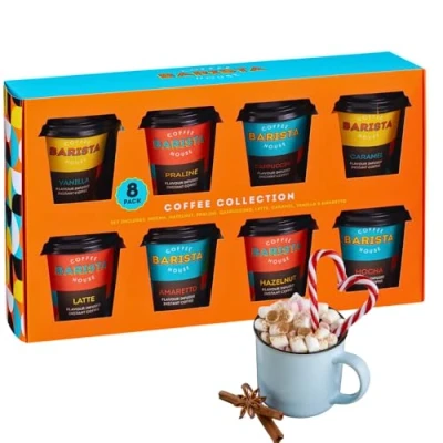 Image of Coffee Collection Mini Travel Takeout Cups Gift Sets 8 Flavoured Instant Set (Caramel, Cappuccino, Vanilla, Latte, Hazelnut, Praline, Mocha, Amaretto)