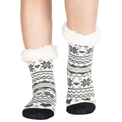 Image of Polar Womens Slipper Socks Soft Fleece Lined With Sole Grips Gift Packaging Snuggly Present For Her Insulated Warm Fluffy Sherpa Lining Thermal Hearts Navy UK 5/6