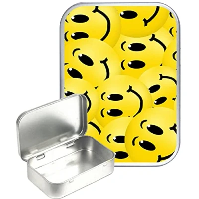 Image of TEEZ Smiley Faces Silver Hinged Tin,Small 30ml tin, Pill Pocket Gift Box, 1oz Tobacco Herb Tin