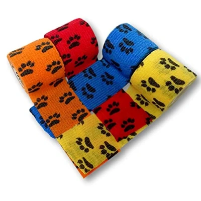 Image of LisaCare paw motif and selection cohesive bandage/vet wrap/vet rap bandage 5 cm x 4.5 m set of 4 elasticated bandages/plaster/stretchy glueing