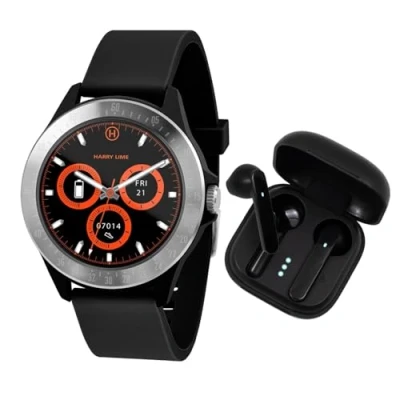 Image of Harry Lime Fashion Smart Watch in Black Featuring True Wireless Earbuds Charging Case