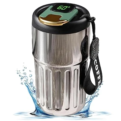 Image of Coffee Thermos Cup with Temperature Display, 450ml Large Capacity Hot and Cold Thermos, Portable Stainless Steel (D)