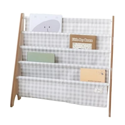 Image of 3 Sprouts Recycled Fabric Kids Bookshelf 4 Tier Sling Book Rack Storage Room Shelves, Nursery, Playroom, Classroom Bookcase Display Shelf for Toddler, Children Age 3+ Gingham Beige